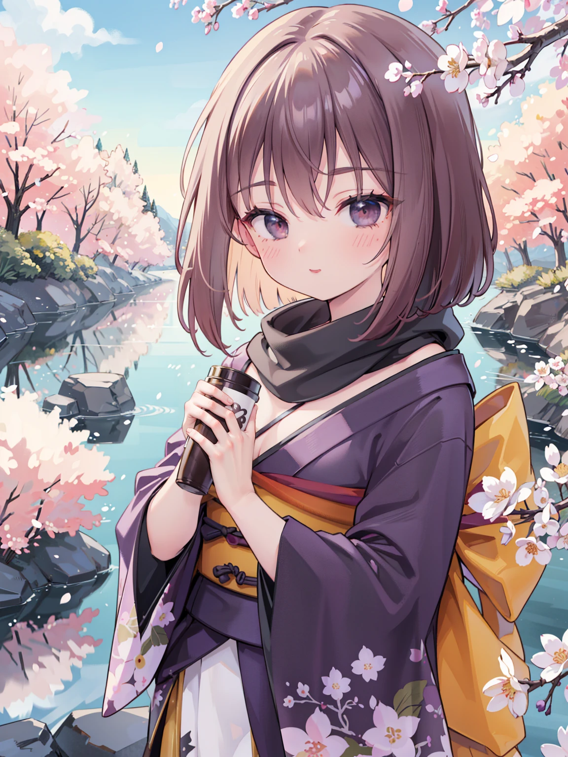 Extremely detailed CG unified 8k wallpaper, Very beautiful 8KCG wallpaper, ， ，best quality ，Ultra Detailed ，Pretty Face  ，masterpiece、Top quality ，best quality ，Ultra Detailed ，Pretty Face、masterpiece、Top quality、scarf、Kanzaki Sumi、cup、violet flower、Cherry Blossoms、Taisho cityscape