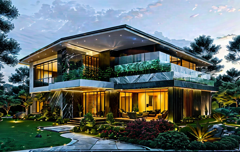 3D render of a beautiful house, Dark, gray tones, white wall. lumion render, night time render, insanely detailed rendering, realistic architecture, architectural visualization. The staircase leading into the house is tiled with black marble and has bright LED lights. Behind are hills and mountains with clear blue sky. The house with a large porch to sit and drink tea and LED lights, there is a large patio with a POOL, pine trees, grass, garden stones, roses, modernism, vivid and detailed, zen garden, lush garden surroundings, residential design, lush landscaping, dense with greenery, pristine and clean design, clean and pristine design. FLOWER GARDEN OF THE HOUSE WITH GREEN TREES AND LIGHTS. The main door is made of black aluminum and glass reaching up to the ceiling. Looking through the glass windows to look inside the house with luxurious interiors with luxurious and warm lights, interior lighting rendering and lighting effects. marble and wood and glass, dark and modern, luxcore render, taken with professional photography techniques, using a wide angle lens with bright natural light and high resolution details, in the style of professional photograph, hyper realistic, highly detailed.
