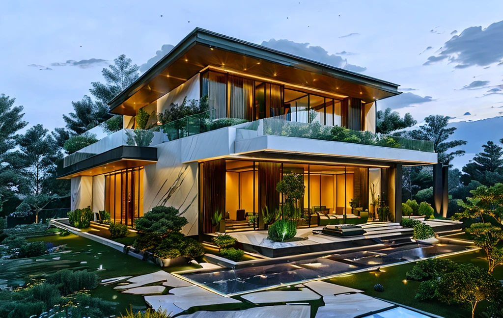 3D render of a beautiful house, Dark, gray tones, white wall. lumion render, night time render, insanely detailed rendering, realistic architecture, architectural visualization. The staircase leading into the house is tiled with black marble and has bright LED lights. Behind are hills and mountains with clear blue sky. The house with a large porch to sit and drink tea and LED lights, there is a large patio with a POOL, pine trees, grass, garden stones, roses, modernism, vivid and detailed, zen garden, lush garden surroundings, residential design, lush landscaping, dense with greenery, pristine and clean design, clean and pristine design. FLOWER GARDEN OF THE HOUSE WITH GREEN TREES AND LIGHTS. The main door is made of black aluminum and glass reaching up to the ceiling. Looking through the glass windows to look inside the house with luxurious interiors with luxurious and warm lights, interior lighting rendering and lighting effects. marble and wood and glass, dark and modern, luxcore render, taken with professional photography techniques, using a wide angle lens with bright natural light and high resolution details, in the style of professional photograph, hyper realistic, highly detailed.