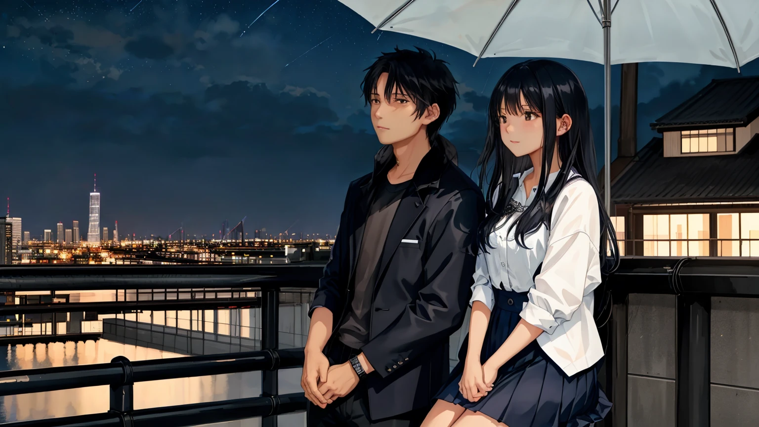 A July night in the city, with a cool breeze blowing through the buildings. After the rain, stars twinkle through the gaps in the clouds. A man and a woman, with the woman's long black hair flowing in the wind, enjoying a moment of twilight in the summer night. The man is handsome, and both are dressed in light early summer clothing, adding to the relaxed atmosphere of the urban landscape.