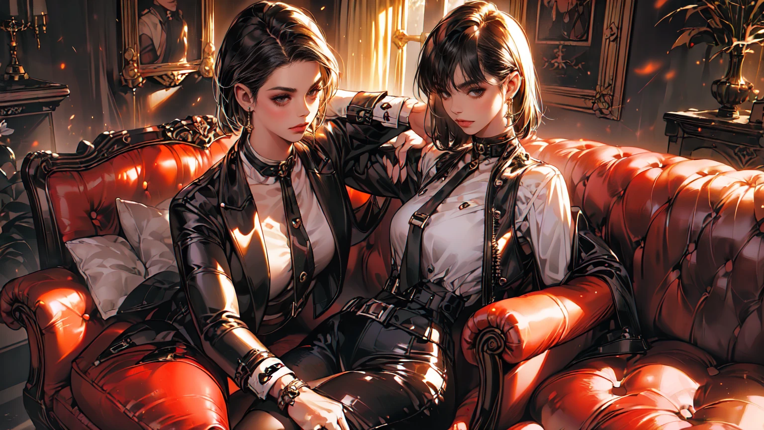 (8k, best quality, masterpiece: 1.2), highly detailed, Masterpiece, realistic lighting, masterpiece, best quality, masterpiece, official artwork, highly detailed 8k unity CG wallpaper, beautiful eye details, sharp and beautiful eye highlights, long hair, reddish polish, woman wearing a purple jacket and brown leather trousers, large and beautiful breasts, wearing leather boots, gloves, tied hair ornament, watch, leather belt.