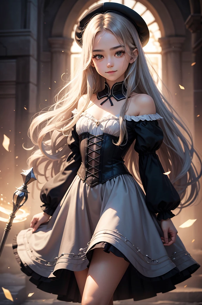 Perfect human body modeling, 1 girl, cute girl, pretty face, bitter smile, 16 years old, Beautiful gray long hair, beautiful light brown eyes, flat chest, small build, No muscles, white skin, wizard, Big magic wand, gothic skirt, magical girl, little Medieval Dress, Princess Dresses, Big black hat, light particles, light sparkles, lens flare, Light particles, Magic light, strong light