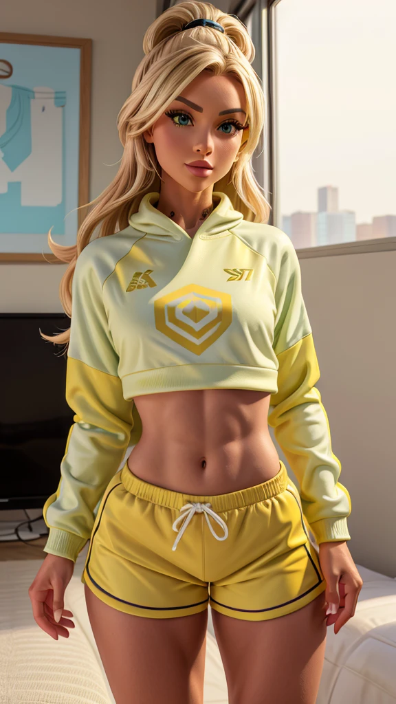 Kedra Sunderland sexy, She is wearing a pastel yellow sweatshirt and pastel yellow sweatshirt shorts