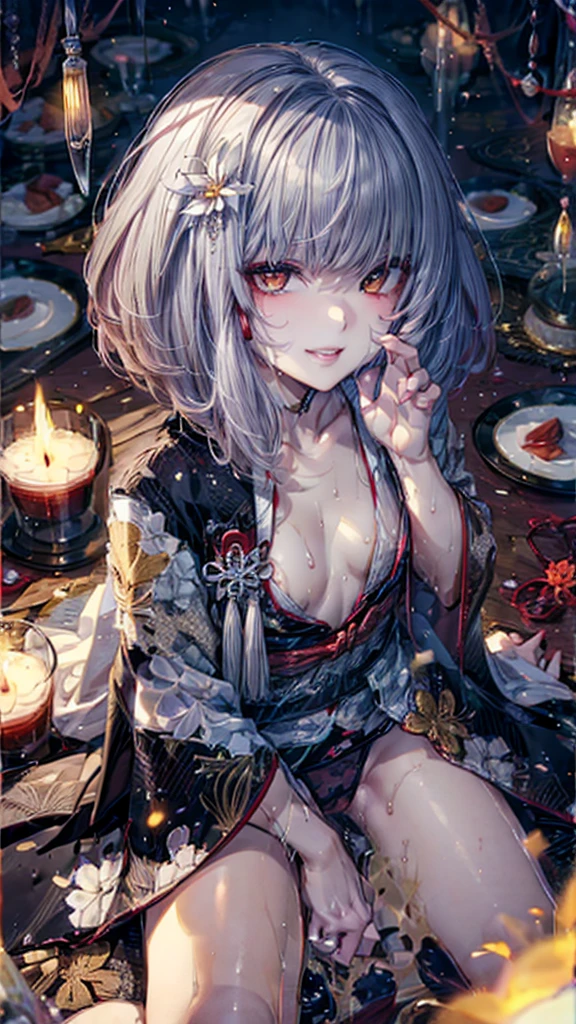 masterpiece, One girl, Shiragiku(FATAL FRAME: Maiden of Black Water), Highest quality, Beautiful attention to detail, Perfect Face, Beautifully detailed face, View your viewers, Disheveled clothing, Super detailed, Yellow Eyes, Long Hair, Gray Hair, Tight micro bikini, Large areola, Grin, smile, Tempting, Sweaty, Sexy lips, front, Sit and open your legs, Blowjob gestures, Small breasts,