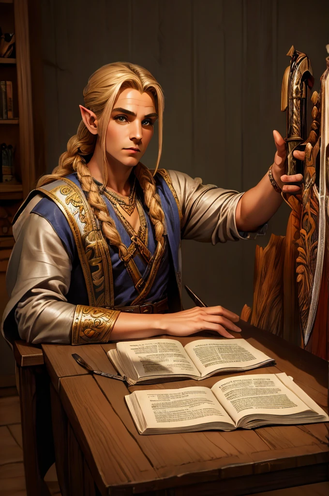 magical bracers, a large curved blade, hair braided, A sword is on the table in front of him, a 40-year-old Male Elf is sitting behind a table filled with papers and open books the background an office or a library with lots of papers and maps on the wall. He is wearing a Taoist cleric robe. There is a sword on the table.
