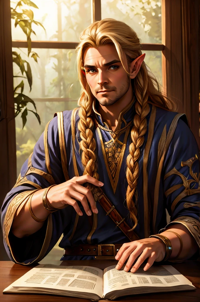 magical bracers, a large curved blade, hair braided, A sword is on the table in front of him, a 40-year-old Male Elf is sitting behind a table filled with papers and open books the background an office or a library with lots of papers and maps on the wall. He is wearing a Taoist cleric robe. There is a sword on the table.
