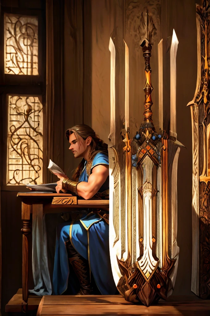 magical bracers, a large curved blade, hair braided, A sword is on the table in front of him, a 40-year-old Male Elf is sitting behind a table filled with papers and open books the background an office or a library with lots of papers and maps on the wall. He is wearing a Taoist cleric robe. There is a sword on the table.
