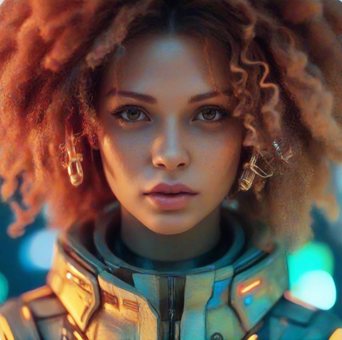 Portrait of the same mixed skin stunning young woman with afro curly orange brown hair