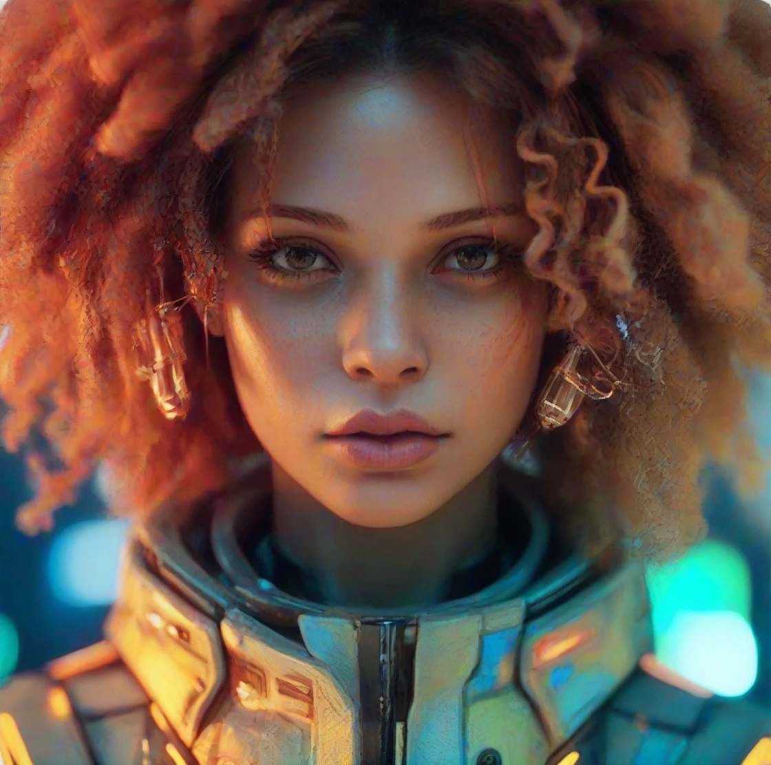 Portrait of the same mixed skin stunning young woman with afro curly orange brown hair