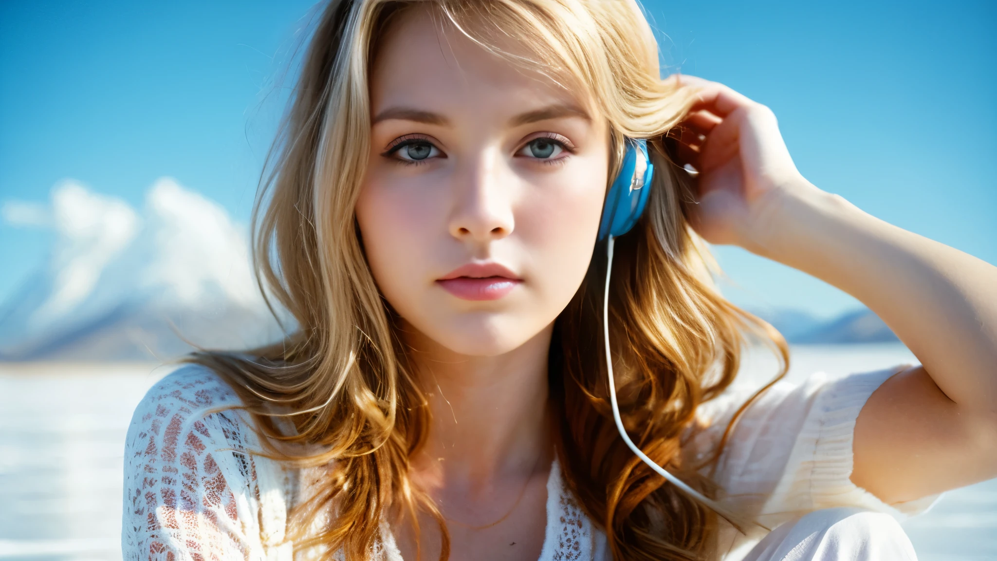 Beautiful blonde with in a one-piece (Uyuni salt lake、sit),Wearing headphones,Very detailed, 21 years old, Innocent face, Wavy Hair, blue eyes, High resolution, masterpiece, Highest quality, Intricate details, Very detailed, Clear focus, Delicate skin, practical skin texture, texture, Delicate eyes, Professional, 4K, Sad face,despair、 Shot with Canon, 85mm, Shallow and deep, Kodak Vision Color, Exactly, Very detailed, photograph_\(Extremist\), photographpractical, practical, Post-processing, Maximum details, Roughness, Real Life, Extremist practical, Photorealism, photographgraphy, 8K Ultra HD, photographgraphy