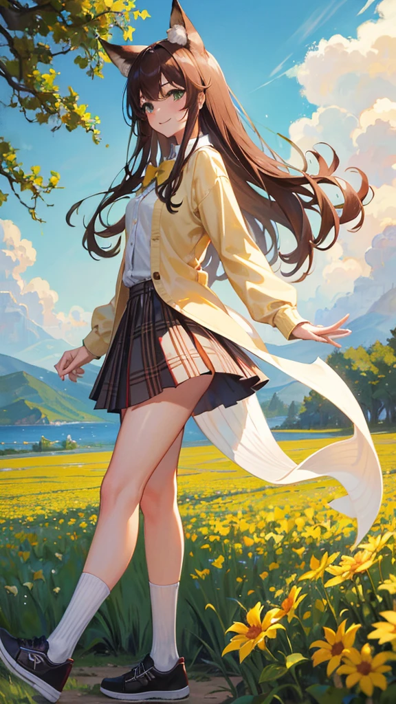 masterpiece, Highest quality, outside, Flower Field, From the side, One girl, smile, Conceit, Long Hair, Brown Hair, Green Eyes, Fox Ears, Medium chest, White collared shirt, bow tie, Beige cardigan, Black plaid skirt, Thick thighs, sneakers, loose socks, Panto Peak,