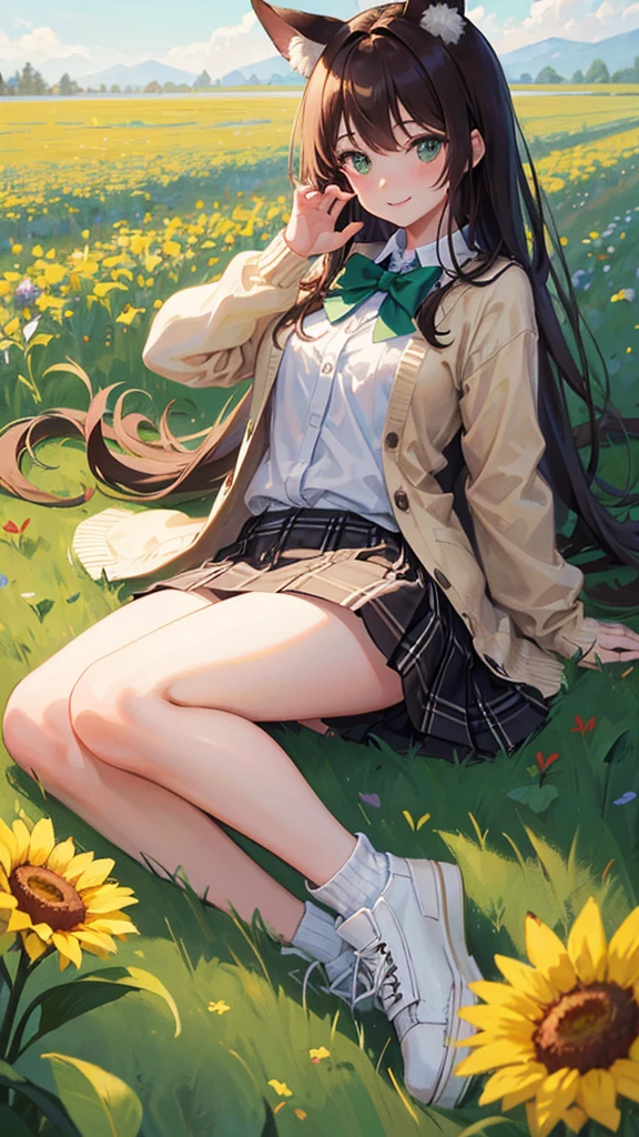 masterpiece, Highest quality, outside, Flower Field, From the side, One girl, smile, Conceit, Long Hair, Brown Hair, Green Eyes, Fox Ears, Medium chest, White collared shirt, bow tie, Beige cardigan, Black plaid skirt, Thick thighs, sneakers, loose socks, Panto Peak,