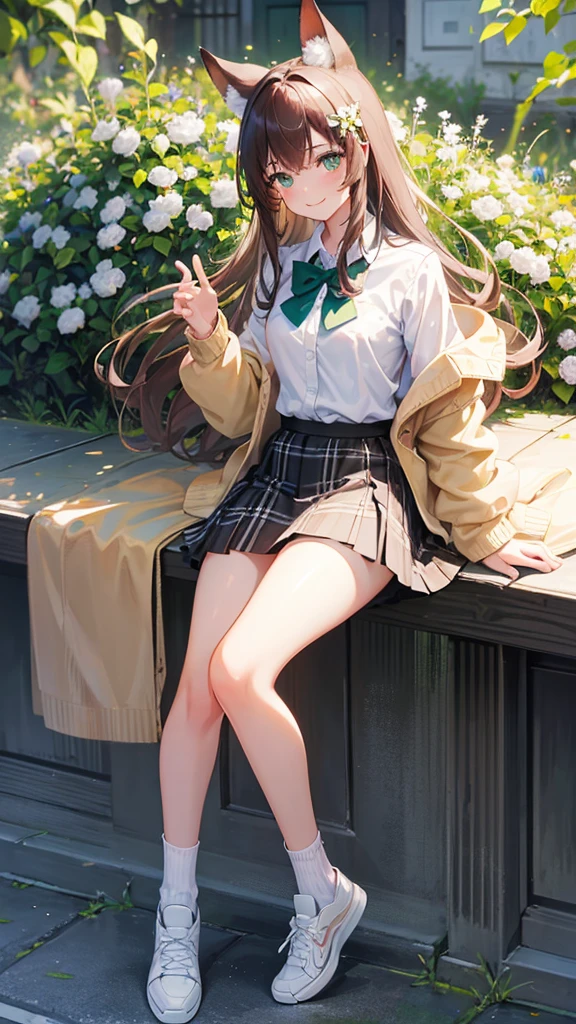 masterpiece, Highest quality, outside, Flower Field, From the side, One girl, smile, Conceit, Long Hair, Brown Hair, Green Eyes, Fox Ears, Medium chest, White collared shirt, bow tie, Beige cardigan, Black plaid skirt, Thick thighs, sneakers, loose socks, Panto Peak,