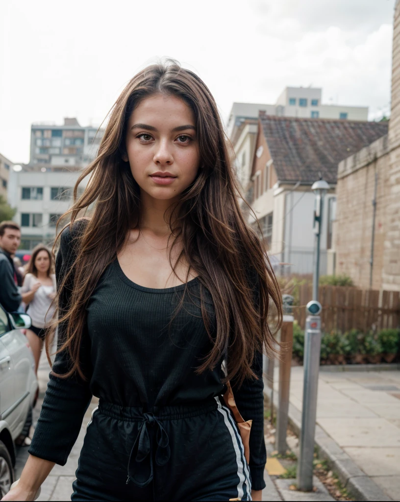 one beautiful woman, oval face, senseful lips, big brown eyes, 19years old, slim sporty body, middle size breast, outside in a city, 1/2 body, front view, long curly hair, wearing fashionable clothes, clothes are whole and consitant, no text, sunny weather, backgorund blurred, sefie shot, cinematic lighting, motion blur, film grain, very detailed, 19years, natural straight brown caramel hair, light green eyes, high-res, masterpiece, best quality, intricate details, highly detailed, sharp focus, detailed skin, realistic skin texture, texture, detailed eyes, professional, 4k, 85mm, shallow depth of field, kodak color vision, perfect fit body, extremely detailed, photo_\(ultra\), photorealistic, realistic, post-processing, maximum detail, roughness, real life, ultra realistic, photorealism, photography, 8k uhd, photography (grain of film) medium shot for closeup shot, longer slimer face, perfect face, long oval lovely face, light green eyes,, deep charming look, deep green charming eyes, flirty look, perfect face, consistrnt natural arms, consitent whole clothes