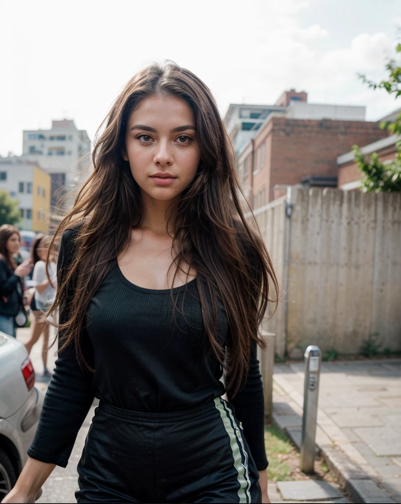 one beautiful woman, oval face, senseful lips, big brown eyes, 19years old, slim sporty body, middle size breast, outside in a city, 1/2 body, front view, long curly hair, wearing fashionable clothes, clothes are whole and consitant, no text, sunny weather, backgorund blurred, sefie shot, cinematic lighting, motion blur, film grain, very detailed, 19years, natural straight brown caramel hair, light green eyes, high-res, masterpiece, best quality, intricate details, highly detailed, sharp focus, detailed skin, realistic skin texture, texture, detailed eyes, professional, 4k, 85mm, shallow depth of field, kodak color vision, perfect fit body, extremely detailed, photo_\(ultra\), photorealistic, realistic, post-processing, maximum detail, roughness, real life, ultra realistic, photorealism, photography, 8k uhd, photography (grain of film) medium shot for closeup shot, longer slimer face, perfect face, long oval lovely face, light green eyes,, deep charming look, deep green charming eyes, flirty look, perfect face, consistrnt natural arms, consitent whole clothes