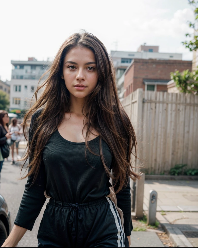 one beautiful woman, oval face, senseful lips, big brown eyes, 19years old, slim sporty body, middle size breast, outside in a city, 1/2 body, front view, long curly hair, wearing fashionable clothes, clothes are whole and consitant, no text, sunny weather, backgorund blurred, sefie shot, cinematic lighting, motion blur, film grain, very detailed, 19years, natural straight brown caramel hair, light green eyes, high-res, masterpiece, best quality, intricate details, highly detailed, sharp focus, detailed skin, realistic skin texture, texture, detailed eyes, professional, 4k, 85mm, shallow depth of field, kodak color vision, perfect fit body, extremely detailed, photo_\(ultra\), photorealistic, realistic, post-processing, maximum detail, roughness, real life, ultra realistic, photorealism, photography, 8k uhd, photography (grain of film) medium shot for closeup shot, longer slimer face, perfect face, long oval lovely face, light green eyes,, deep charming look, deep green charming eyes, flirty look, perfect face, consistrnt natural arms, consitent whole clothes