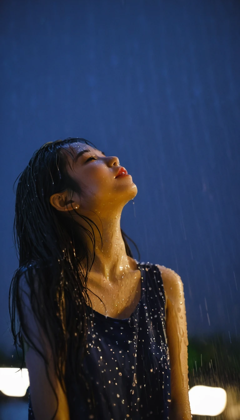 A low angle photo of an asian young woman, night, pouring rain, long raindrops, night sky background