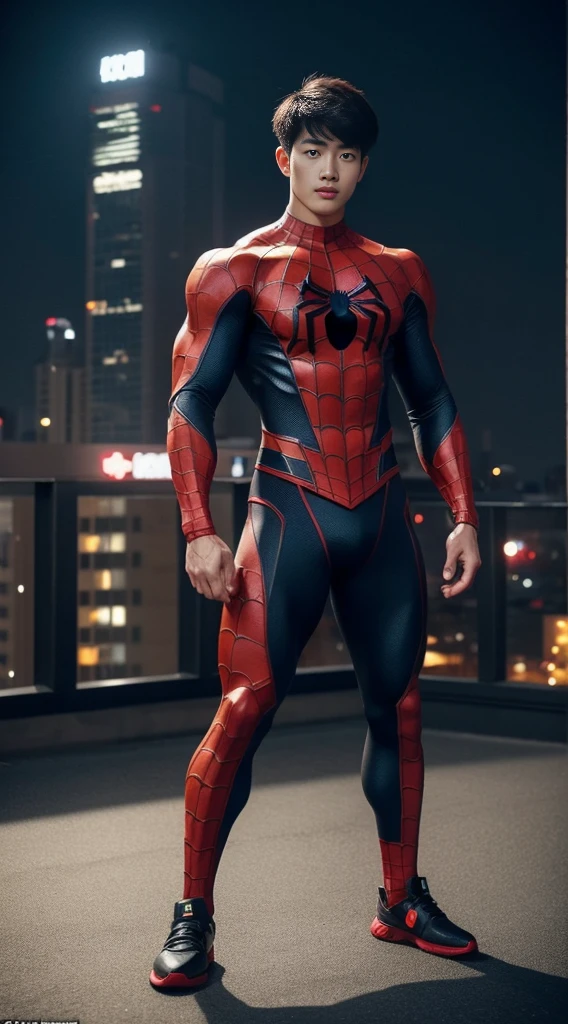 Young Korean boy in a detailed Spider-Man costume., Red and black color scheme :: Highly detailed, แมงมุมที่มีHighly detailed, ดวงตาที่มีHighly detailed, นิ้วที่มีHighly detailed, Take the whole body, Quiv haircut, dynamic poses, Look at the camera, Detailed parts of the face, Manly, nighttime, city scenery, city lights, Detailed city roof background, Monk sex, perfect anatomy, Symmetrical body, Asia, 19 years old, realistic, human skin, short hairstyle, handsome chad chin, handsome, sit, open legs, charming, Be a man, sexually charming, human skin, (Make eye contact), charming, Big hip pants, very good, depth of field, perfect composition, in the middle