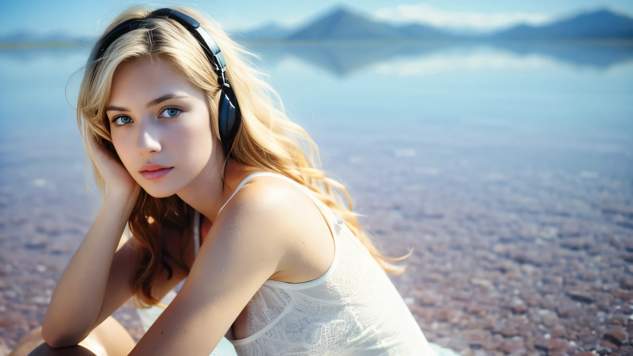 One Girl, Age 1５age, alone, Long Hair, huge , View your viewers, Blonde, Bare shoulders, Blue eyes, gem, whole body, necklace, Off the shoulder, sweater, Realistic, Sexy、headphone