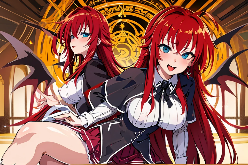 rias gremory Lady sucubbus with wings and horns in black leather outfit with red belt and red ribbons on her legs, ahegao, tongue out, big breasted, sexy, nsfw
