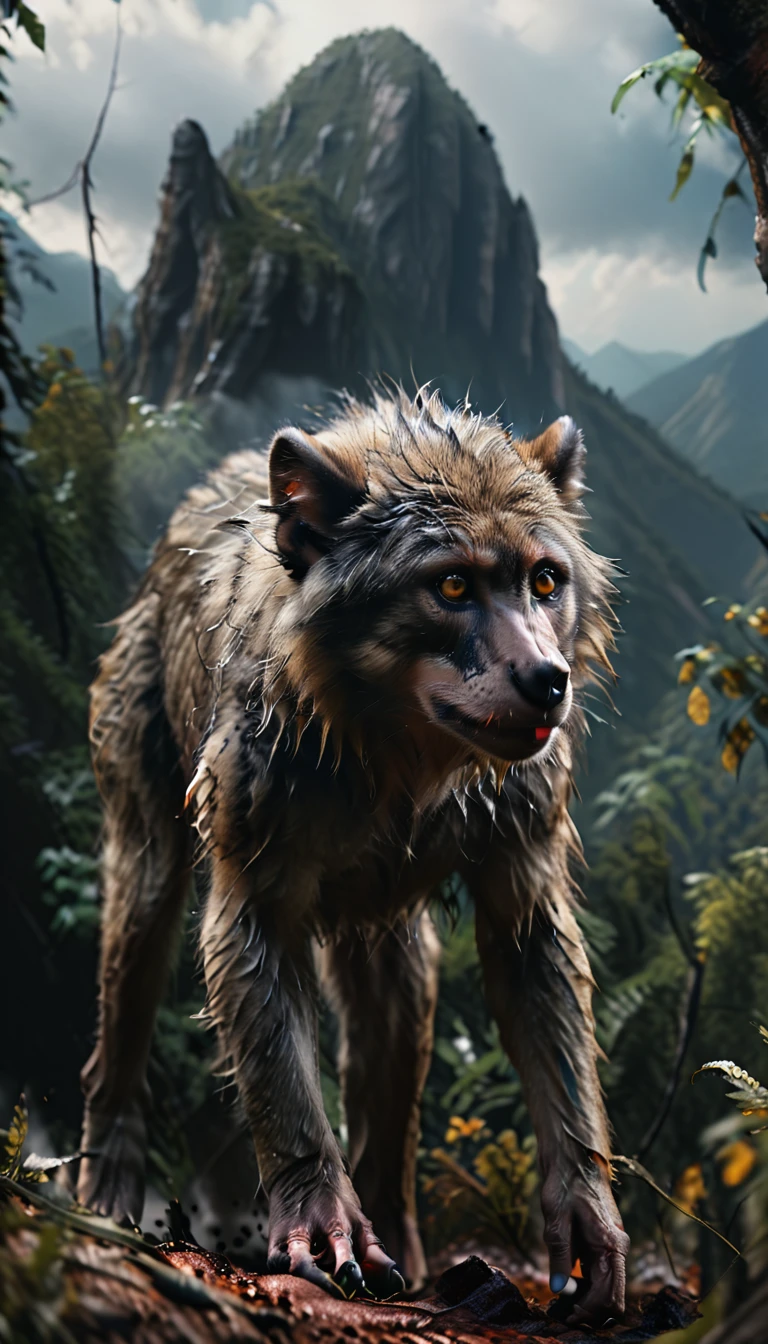 There is a wild beast on the mountain，Looks like a monkey but has four ears（best quality，4K，8K，High level，masterpiece：1.2），Ultra Detailed，（lifelike，Photo real，Photo real：1.37），Highly detailed animals，Complex patterns，Realistic lighting，Fantasy Creatures