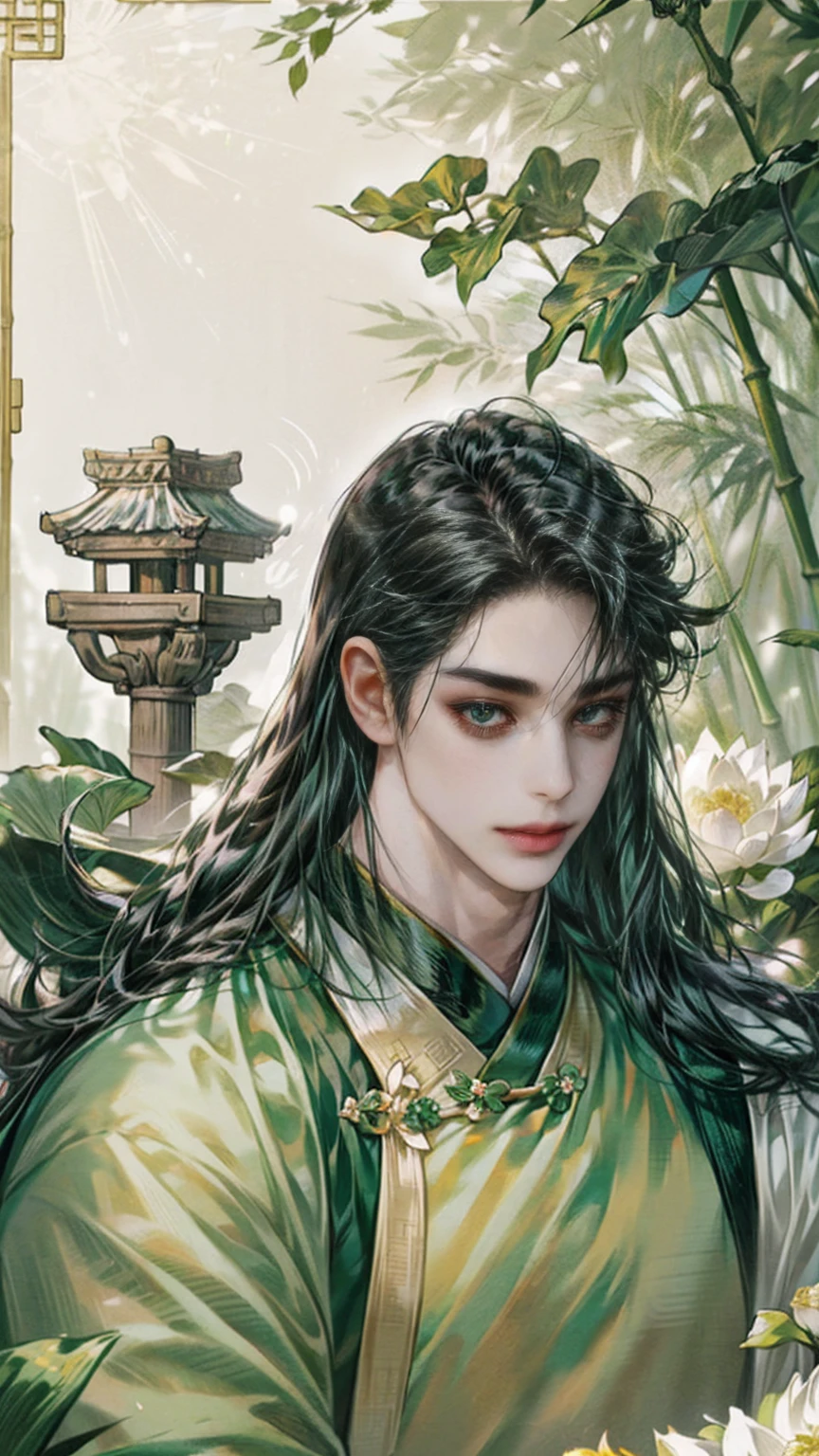(((best quality))),masterpiece,ultra high resolution,extraordinarily beautiful youth, a bright, innocent smile,All green clothing,((boy 20 year old, green hanfu,green clothing, Chinese shirt style)) ,boy character ,((Thick black long hair)),beautiful face,detailed interior, detailed boy,((man)),(in bamboo forest), house China style, pure white lotus,beautiful and cute boy ,black eyes,((solo man)),(he has a Big eyes, charming lips, slim nose and small face),(slim figures ),hand model, very thick black long hair 
