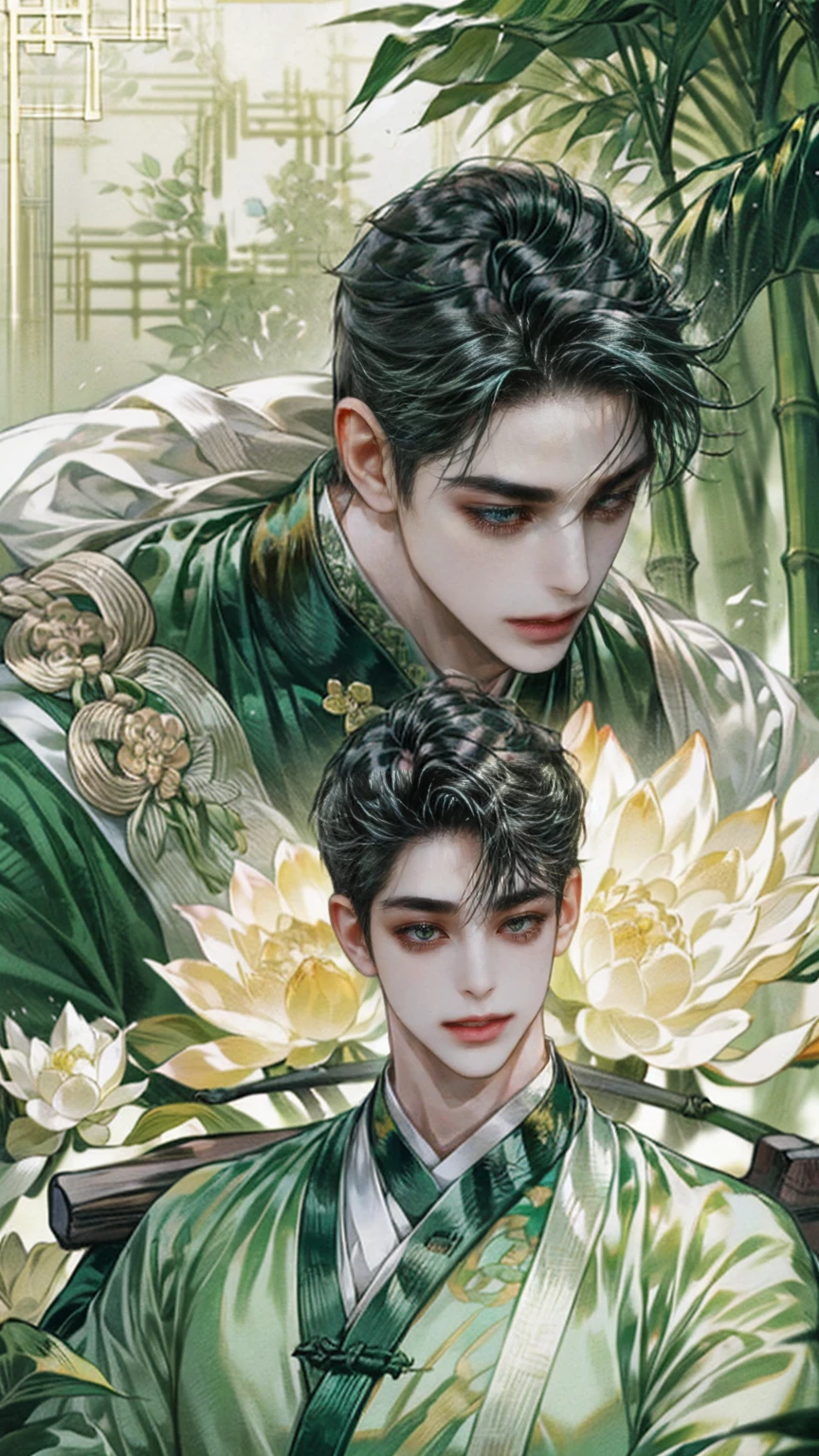 (((best quality))),masterpiece,ultra high resolution,extraordinarily beautiful youth, a bright, innocent smile,All green clothing,((boy 20 year old, green hanfu,green clothing, Chinese shirt style)) ,boy character ,((Thick black long hair)),beautiful face,detailed interior, detailed boy,((man)),(in bamboo forest), house China style, pure white lotus,beautiful and cute boy ,black eyes,((solo man)),(he has a Big eyes, charming lips, slim nose and small face),(slim figures ),hand model, very thick black long hair 
