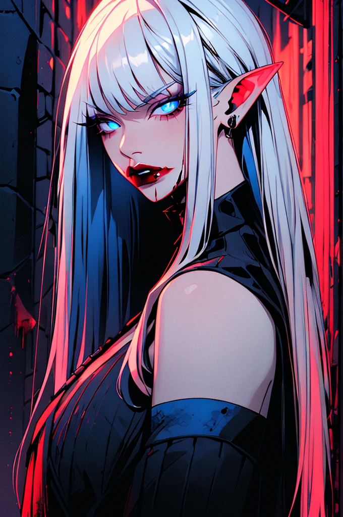 ((masterpiece,best quality)), absurdres, upper body, nighttime, dark alley, blood stained walls 
1girl, solo, long hair, looking at viewer, glowing blue eyes, blue hair, upper body, parted lips, pointy ears, from side, glowing red lips, eyelashes, white hair, blood, makeup, hair behind ear, vampire, blood from mouth