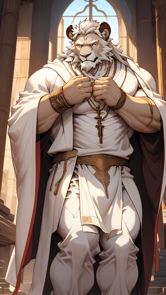 (masterpiece),(highres),(intricate details:1.4),extremely detailed,(illustration:1.2),8k,photorealistic,exquisite,,aged,elder male lion ,muscular,(bishop :1.7),(Ancient Greek mythological style;1.8)(white robe:1.6),manhood,safeguard,(white hair:1.3),long hair,long white beard,scar,(badly damaged),(sacrifice),hurt,broken body ,(bulging crotch:1.8),(homosexual),