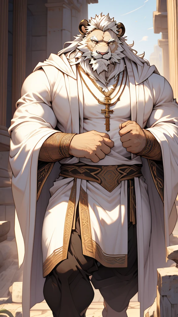 (masterpiece),(highres),(intricate details:1.4),extremely detailed,(illustration:1.2),8k,photorealistic,exquisite,,aged,elder male lion ,muscular,(bishop :1.7),(Ancient Greek mythological style;1.8)(white robe:1.6),manhood,safeguard,(white hair:1.3),long hair,long white beard,scar,(badly damaged),(sacrifice),hurt,broken body ,(bulging crotch:1.8),(homosexual),