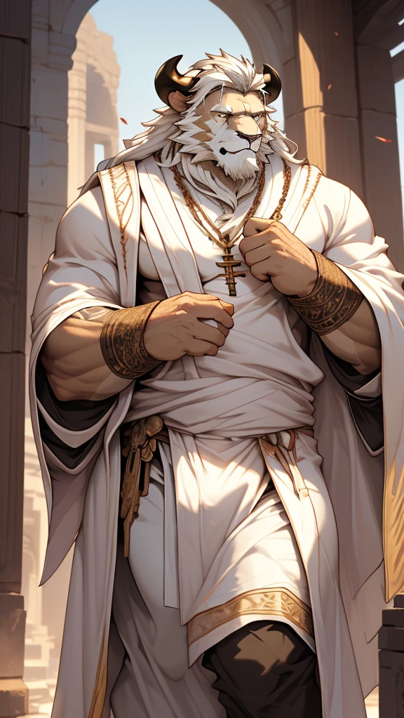 (masterpiece),(highres),(intricate details:1.4),extremely detailed,(illustration:1.2),8k,photorealistic,exquisite,,aged,elder male lion ,muscular,(bishop :1.7),(Ancient Greek mythological style;1.8)(white robe:1.6),manhood,safeguard,(white hair:1.3),long hair,long white beard,scar,(badly damaged),(sacrifice),hurt,broken body ,(bulging crotch:1.8),(homosexual),