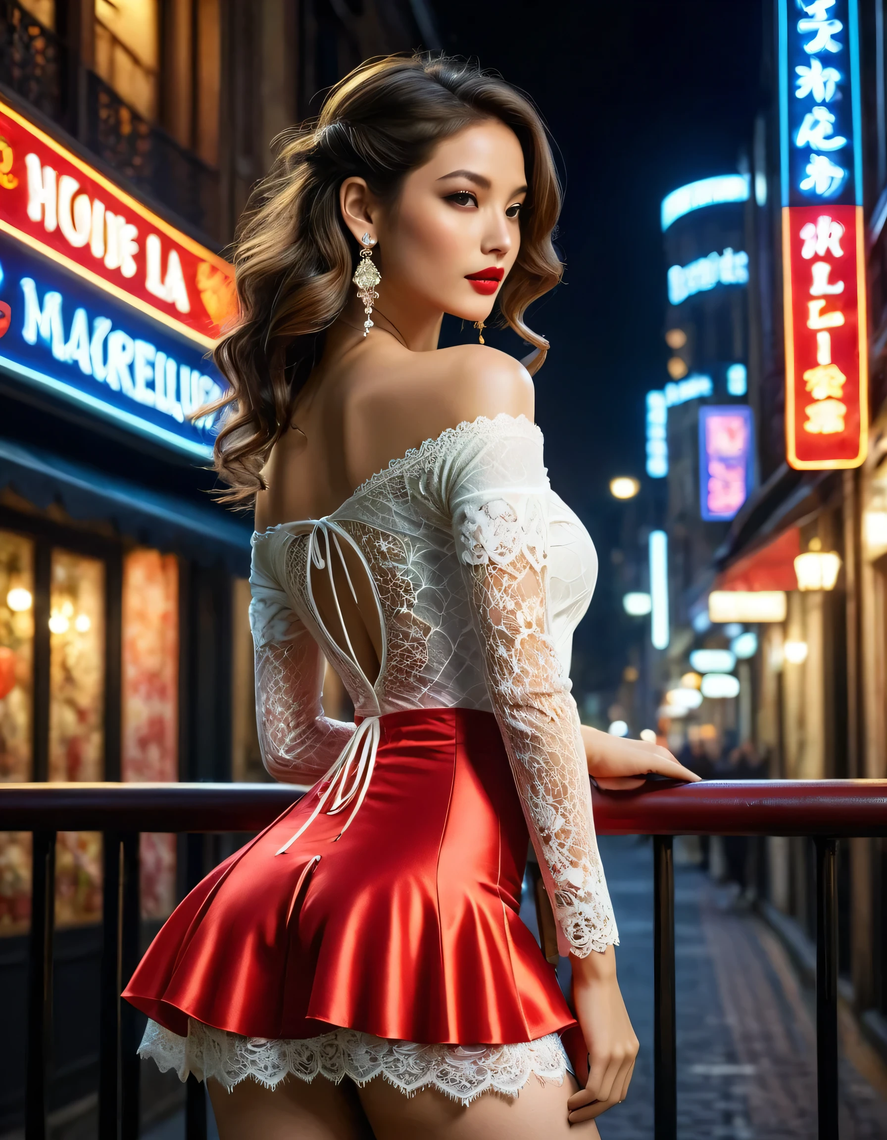 photorealistic Realism 32K quality, Fantasy, Artistic, A delicate fairy with mature features, puffy lips, (((The most beautiful woman in a perfectly tailored outfit in a given situation))), dress a beautiful girl with a perfect figure in something nice, made of available materials ((silk, (canvas, nylon), ((latex laced), ((lacy))), (((jewelry))), chainmail, bracelets, pendants, earrings, everyday items)), I encourage you to draw them at the same time, ( ((I encourage you to choose the right background for your phenomenally drawn creation)), (Use any technique, any style, any outfit, even choose ((eye color, hair color, even hairstyle, makeup, whatever and how to do it))), ((experiment, combine complex, multi-layered materialperiment with Armor and delicate materialperiment with the entire palette of colors and shadows)), (masterpiece:1.3), (photorealistic:1.37), (Realistic:1.5), (ultra_detailed:1.3), (The ultra -The high-definition), depth of field, (best quality), Attention to detail, Double eyelids, Wear an off-shoulder top, full bodyesbian, and if you want, you are standing, ((back shot)), ((lacy)), ((laced)), ((Glamour, paparazzi taking pictures of her)), medium Contrast, muted colors, long leg, ass, ((layer cut: 1.62)), ((Brightly colored clothing)), ((Lively,Active,vivaciousness)), ((no_Panties)), ((Exposing thighs)), (Erotic:1.6), ((black silken skirt, (tinyskirt:1.28), no_panties, curvy)), ((short skirt wrapped at the hips))), (Look sideways, look up, look down, random expressions), (rich including decorative embroidery:1.29), ((very intricate design of epic bodysuits:1.45)), (red-(white)-black epic lacy:1.38), (sharp focus), ((city night), (neon sign), (night), ((wind in your hair)), ((fantasy style)), (gold lacd:1.25), (((turn back:1.3))), ((back shot:1.25)),