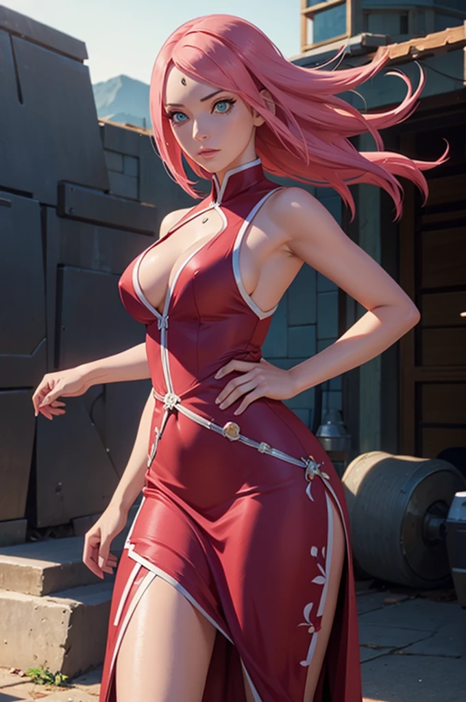 A beautiful detailed Sakura Haruno from Naruto Shippuden, wide hips, large thighs, large buttocks, skin-tight dress, extremely detailed, photorealistic, 8k, high quality, intricate details, realistic lighting, beautiful colors, dynamic pose, flawless skin, gorgeous eyes, lush eyelashes, captivating expression, flowing hair, glowing skin, elegant dress, alluring figure, sensual curves, realistic fabric, cinematic lighting, dramatic shadows, vibrant colors, digital art, concept art, masterpiece