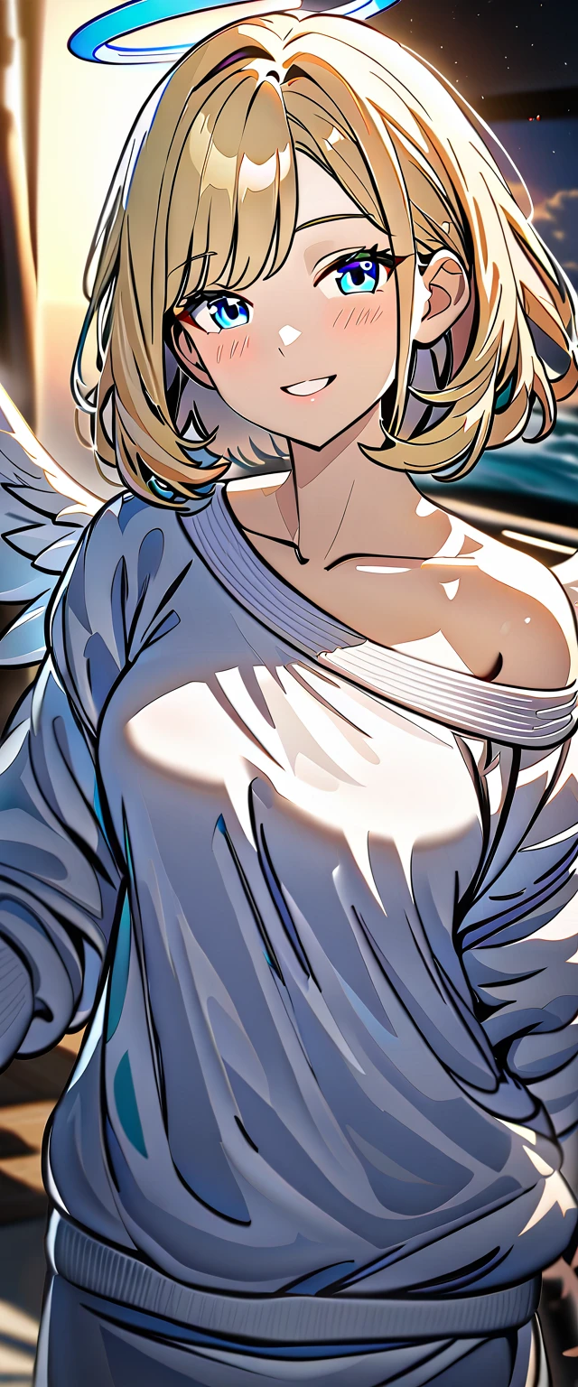((flying in the sky)), ((angel, big big white wings:1.3, halo:1.3)), ((sunset)), (((sea, beach))), (((cowboy shot))), archangel Uriel, ((wavy hair, outward curled hair)), evening, ((blond hair, bob cut:1.3)), breasts, ager, (looking at viewer), oversized clothes, puffy long sleeves, collarbone, ((off-shoulder sweater:1.3, Quite thick shoulder straps)), ((white sweater)), collarbone, head tilt:1.3, (((blue eyes))), ((happy smile)), (((anime style))), (best quality, 4K, 8K, highres, masterpiece:1.2, ultra-detailed, ultra-detailed eyes, HDR, uhd, studio lighting, ultra-fine painting, sharp focus, physically-based rendering, extreme detail description, professional, vivid colors, bokeh)