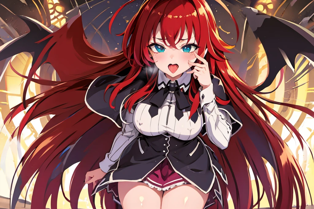 rias gremory Lady sucubbus with wings and horns in black leather outfit with red belt and red ribbons on her legs, ahegao, tongue out, big breasted, sexy, nsfw, ultra detalled, 4k, 8k, 16k, masterpiece, best quality
