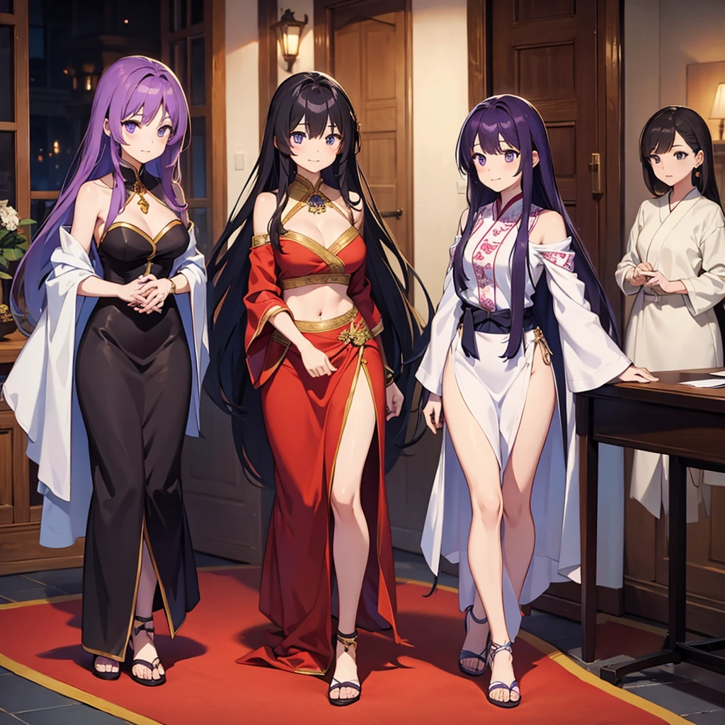 three female animated characters, one dressed in an oriental looking garment and the other in a gown, multiple girls, 2girls, black hair, midriff, long hair, jewelry, sandals, purple hair, dark skin