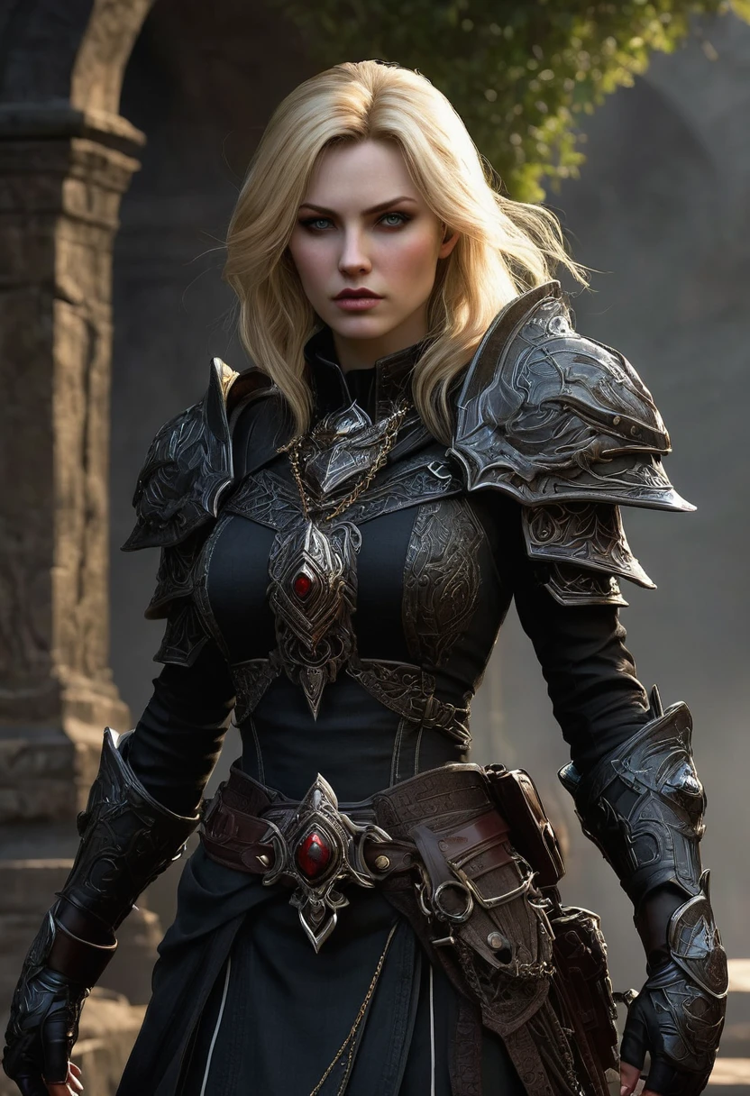 **Physical description:**
Doom Warden, formerly known as Susan, It has an appearance that mixes delicacy with an aura of mystery and darkness. Her blonde hair falls in cascades to her waist., framing a perfectly sculpted face. His eyes, now an intense and bright red, They contrast markedly with her pale skin., adding a supernatural aspect to your presence. He has delicate features but an expression that sometimes turns somber, revealing invisible scars that emerge in moments of tension or anger, marking its new nature linked to the shadow.
**outfit:**
Doom Warden wears dark, elegant clothing that reflects his transformation and connection to forces beyond human understanding.. Prefers long, tight-fitting tunics, woven with dark threads that seem to move like living shadows around her. Wear simple but impressive accessories, such as black stone necklaces and bracelets with antique engravings. Her clothing not only protects her, but also exudes an air of authority and mystery, underlining his role as Doom Warden, guardian of destinies and link with the supernatural.