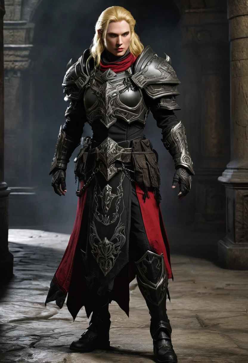 
**Physical description:**
Doom Warden, formerly known as Susan, It has an appearance that mixes delicacy with an aura of mystery and darkness. Her blonde hair falls in cascades to her waist., framing a perfectly sculpted face. His eyes, now an intense and bright red, They contrast markedly with her pale skin., adding a supernatural aspect to your presence. He has delicate features but an expression that sometimes turns somber, revealing invisible scars that emerge in moments of tension or anger, marking its new nature linked to the shadow.

**outfit:**
Doom Warden wears dark, elegant clothing that reflects his transformation and connection to forces beyond human understanding.. Prefers long, tight-fitting tunics, woven with dark threads that seem to move like living shadows around her. Wear simple but impressive accessories, such as black stone necklaces and bracelets with antique engravings. Her clothing not only protects her, but also exudes an air of authority and mystery, underlining his role as Doom Warden, guardian of destinies and link with the supernatural.