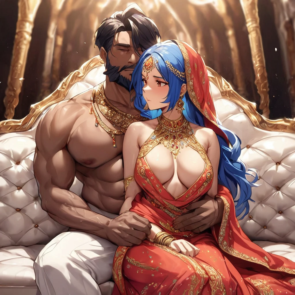 ((Highest quality)), ((masterpiece)), (detailed), (Perfect Face)、A naked man and a woman have intense creampie sex and make love、The woman is a Hindu Indian beauty with vibrant brown skin and a red bindi on her forehead. In a luxurious Indian mansion, she is wearing a gorgeous, glittering, colorful sari of a traditional Indian wedding dress, a colorful hijab, a bindi, a gorgeous hair ornament, gorgeous jeweled accessories, and an engagement ring. The woman and the man are sitting on a luxurious, large sofa in a luxurious room, and the woman is passionately embracing and passionately deep kissing the middle-aged Indian man with a muscular beard and wearing Indian traditional clothing, making passionate love as a married couple.、The woman is the elegant Marina Katsuragi, with medium-long blue hair, wearing a colorful sari and a colorful hijab, and has bright brown skin and a red bindi on her forehead. She is an Indian Hindu with an esthetic.、(The woman is a brown-skinned Indian Extia.)、The man is a dignified, muscular, bearded, middle-aged Hindu Indian.
