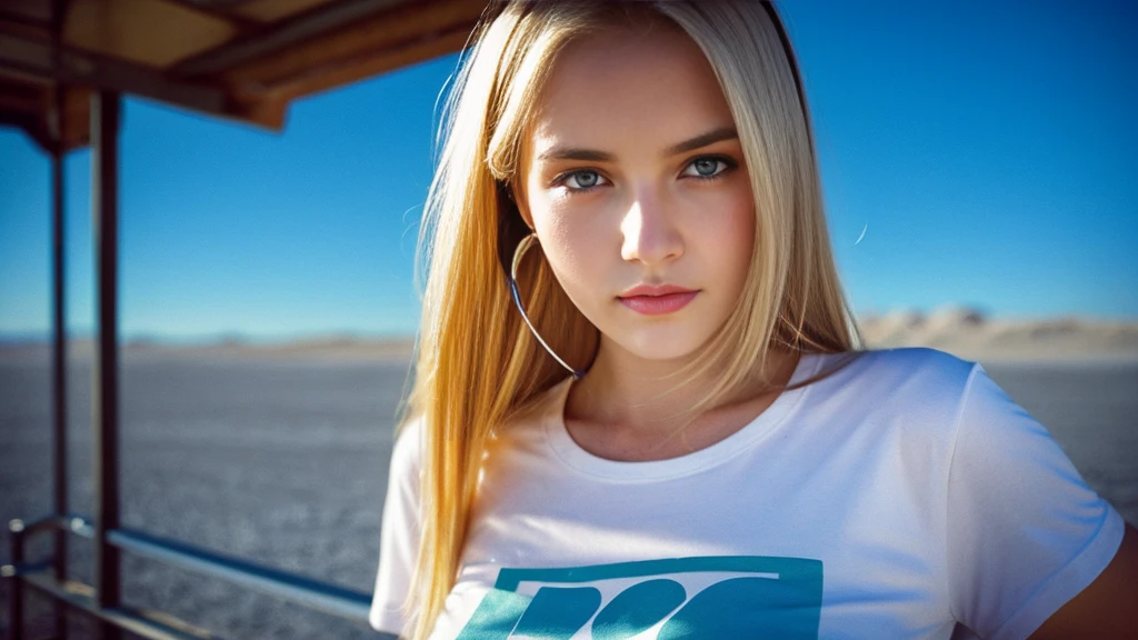 Beautiful blonde with big breasts in a T-shirt (Uyuni Salt Flats at night、walk),Wearing headphones,Very detailed, 21 years old, Innocent face, Long Straight Hair, blue eyes, High resolution, masterpiece, Highest quality, Intricate details, Very detailed, Clear focus, Delicate skin, practical skin texture, texture, Delicate eyes, Professional, 4K, Sad face,despair、 Shot with Canon, 85mm, Shallow and deep,  Kodak Vision Color, Exactly, Very detailed, photograph_\(Extremist\), photographpractical, practical, Post-processing, Maximum details, Roughness, Real Life, Extremist practical, Photorealism, photographgraphy, 8K Ultra HD, photographgraphy