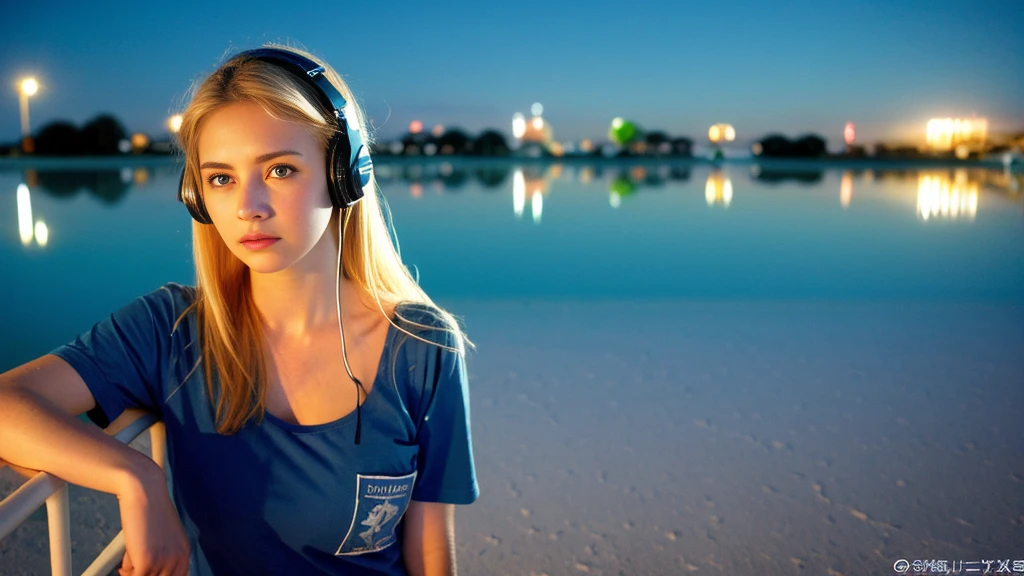 Beautiful blonde with big breasts in a T-shirt (Uyuni Salt Flats at night、walk),Wearing headphones,Very detailed, 21 years old, Innocent face, Long Straight Hair, blue eyes, High resolution, masterpiece, Highest quality, Intricate details, Very detailed, Clear focus, Delicate skin, practical skin texture, texture, Delicate eyes, Professional, 4K, Sad face,despair、 Shot with Canon, 85mm, Shallow and deep, Kodak Vision Color, Exactly, Very detailed, photograph_\(Extremist\), photographpractical, practical, Post-processing, Maximum details, Roughness, Real Life, Extremist practical, Photorealism, photographgraphy, 8K Ultra HD, photographgraphy