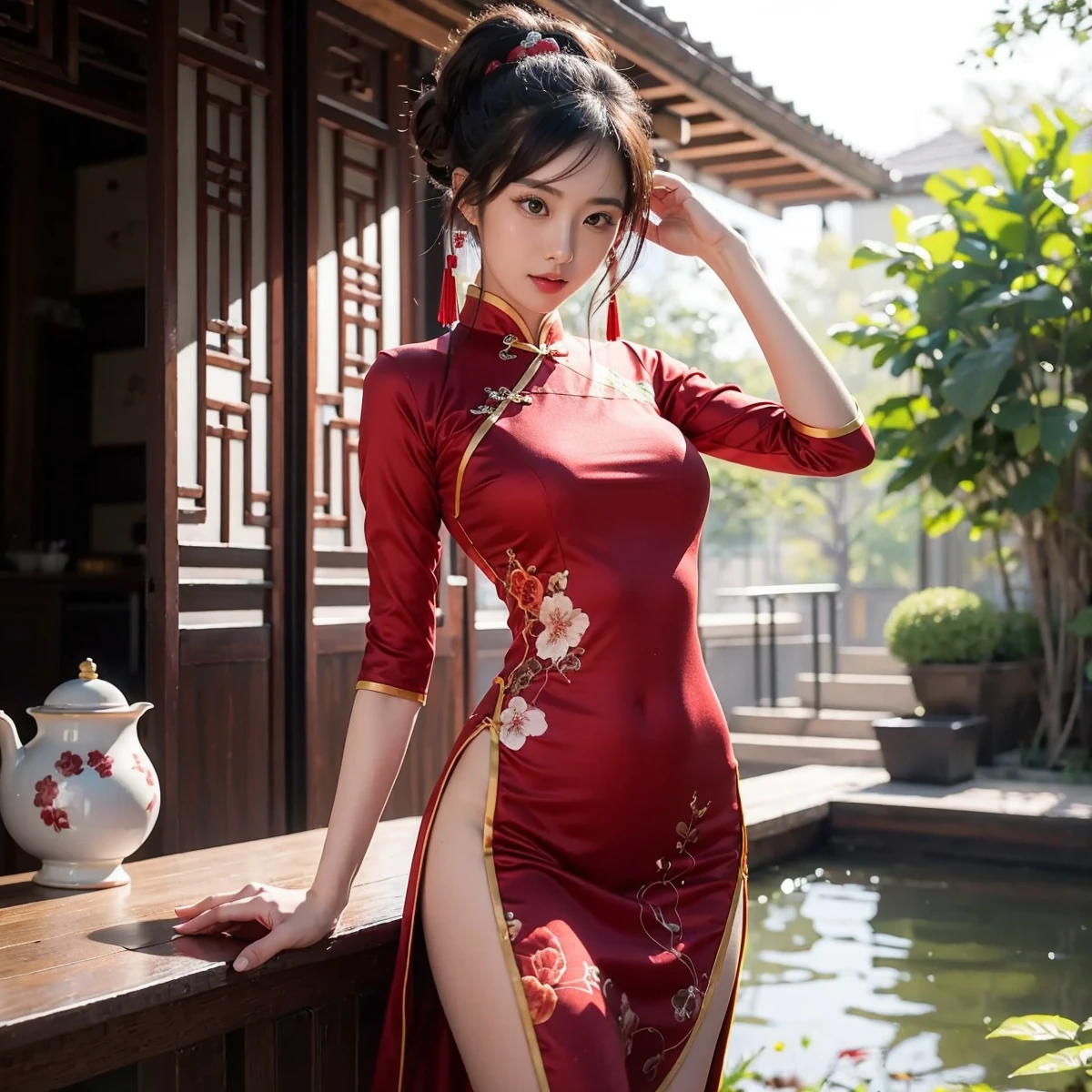 Beautiful Japanese Waifu, early 30s, brunette hair, red qipao, lean on table