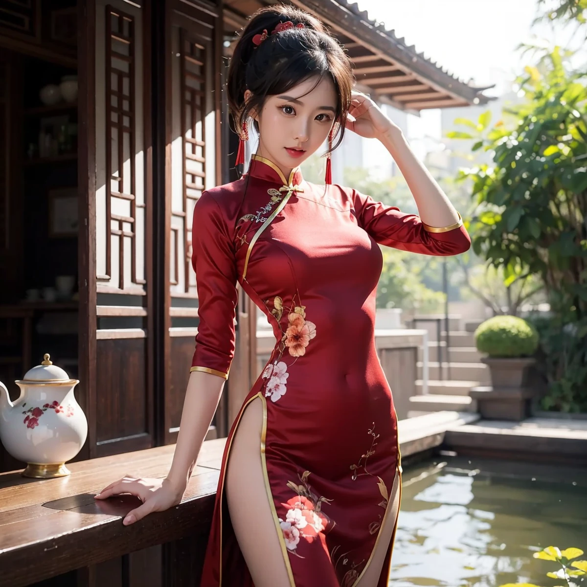 Beautiful Japanese Waifu, early 30s, brunette hair, red qipao, lean on table