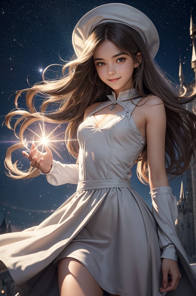 Perfect human body modeling, 1 girl, cute girl, pretty face, bitter smile, 16 years old, Beautiful gray long hair, beautiful light brown eyes, flat chest, small build, No muscles, white skin, wizard, Big magic wand, gothic skirt, magical girl, little Medieval Dress, Princess Dresses, Big black hat, light particles, light sparkles, lens flare, Light particles, Magic light, strong light