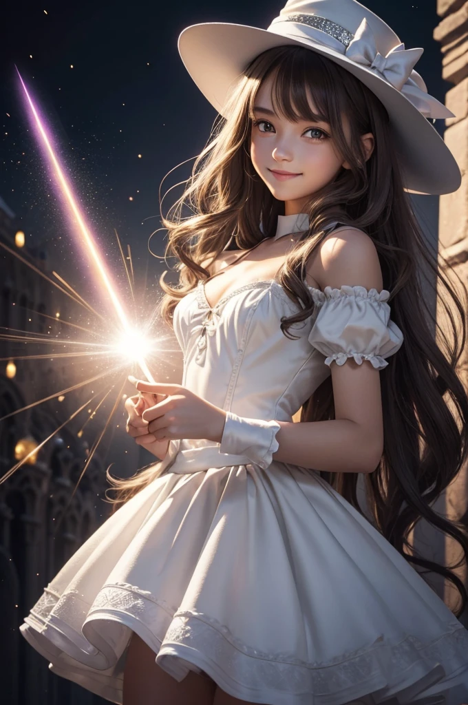 Perfect human body modeling, 1 girl, cute girl, pretty face, bitter smile, , Beautiful gray long hair, beautiful light brown eyes, flat chest, small build, No muscles, white skin, wizard, Big magic wand, gothic skirt, magical girl, little Medieval Dress, Princess Dresses, Big black hat, light particles, light sparkles, lens flare, Light particles, Magic light, strong light