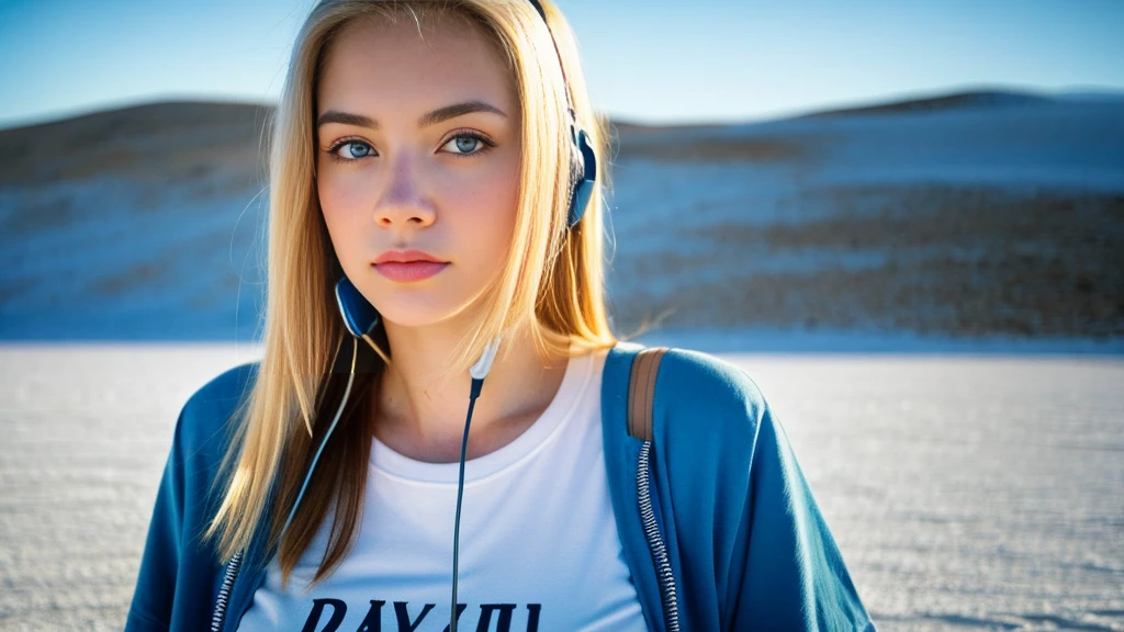 Beautiful blonde with big breasts in a T-shirt (Uyuni Salt Flats at night、walk),Wearing headphones,Very detailed, 21 years old, Innocent face, Long Straight Hair, blue eyes, High resolution, masterpiece, Highest quality, Intricate details, Very detailed, Clear focus, Delicate skin, practical skin texture, texture, Delicate eyes, Professional, 4K, Sad face,despair、 Shot with Canon, 85mm, Shallow and deep, Kodak Vision Color, Exactly, Very detailed, photograph_\(Extremist\), photographpractical, practical, Post-processing, Maximum details, Roughness, Real Life, Extremist practical, Photorealism, photographgraphy, 8K Ultra HD, photographgraphy