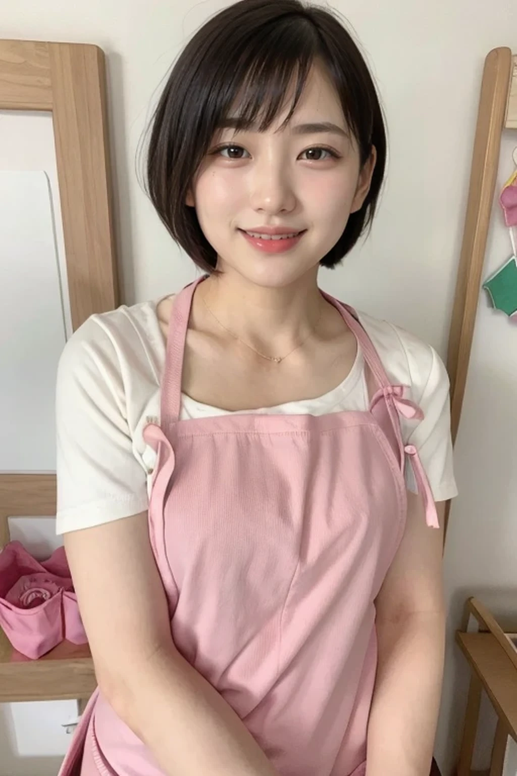 (kindergarten teacher, pink apron, kindergarten:1.3), (adult women:1.5),
(in the kids room:1.2), children's toy, in the daytime,
gentle smile, one girl, 14 years old, 8k, RAW photo, best quality, masterpiece, realistic, photo-realistic, clear, professional lighting, BREAK, no makeup face, smile, (short cut hair:1.2), black eyes, black hair