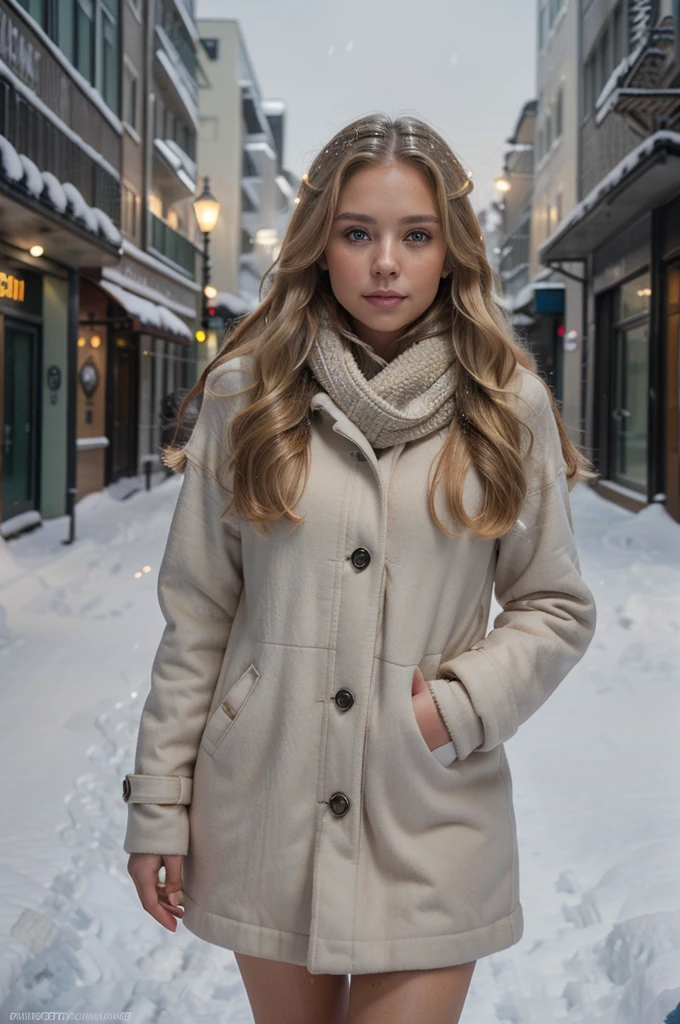 professional portrait photograph of a gorgeous Norwegian girl in winter clothing with long wavy blonde hair, sultry flirty look, gorgeous symmetrical face, cute natural makeup, wearing elegant warm winter fashion clothing, ((standing outside in snowy city street)), stunning modern urban environment, ultra realistic, concept art, elegant, highly detailed, intricate, sharp focus, depth of field, f/1. 8, 85mm, medium shot, mid shot, (((professionally color graded))), bright soft diffused light, (volumetric fog), trending on instagram, hdr 4k, 8k