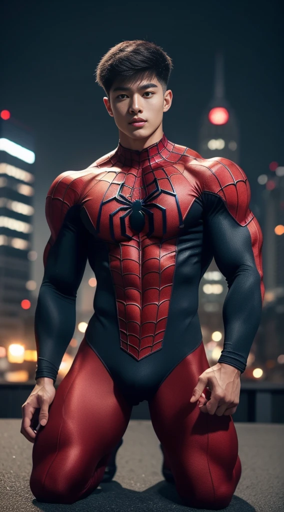 Young Korean boy in a detailed Spider-Man costume., Red and black color scheme :: Highly detailed, แมงมุมที่มีHighly detailed, ดวงตาที่มีHighly detailed, นิ้วที่มีHighly detailed, Take the whole body, Quiv haircut, dynamic poses, Look at the camera, Detailed parts of the face, Manly, nighttime, city scenery, city lights, Detailed city roof background, Monk sex, perfect anatomy, Symmetrical body, Asia, 19 years old, realistic, human skin, short hairstyle, handsome chad chin, handsome, sit, open legs, charming, Be a man, sexually charming, human skin, (Make eye contact), charming, Big hip pants, very good, depth of field, perfect composition, in the middle