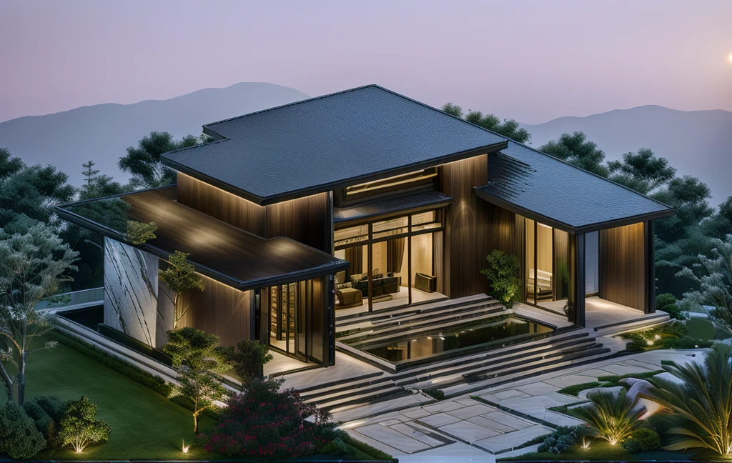 3D render of a beautiful house, Dark, gray tones, white wall. lumion render, night time render, insanely detailed rendering, realistic architecture, architectural visualization. The staircase leading into the house is tiled with black marble and has bright LED lights. Behind are hills and mountains with clear blue sky. The house with a large porch to sit and drink tea and LED lights, there is a large patio with a POOL, pine trees, grass, garden stones, roses, modernism, vivid and detailed, zen garden, lush garden surroundings, residential design, lush landscaping, dense with greenery, pristine and clean design, clean and pristine design. FLOWER GARDEN OF THE HOUSE WITH GREEN TREES AND LIGHTS. The main door is made of black aluminum and glass reaching up to the ceiling. Looking through the glass windows to look inside the house with luxurious interiors with luxurious and warm lights, interior lighting rendering and lighting effects. marble and wood and glass, dark and modern, luxcore render, taken with professional photography techniques, using a wide angle lens with bright natural light and high resolution details, in the style of professional photograph, hyper realistic, highly detailed.